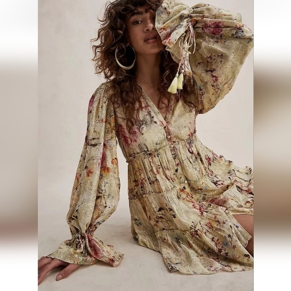 Rococo Sand Cara Mini Dress metallic gold floral free people womens Size large - Picture 14 of 15